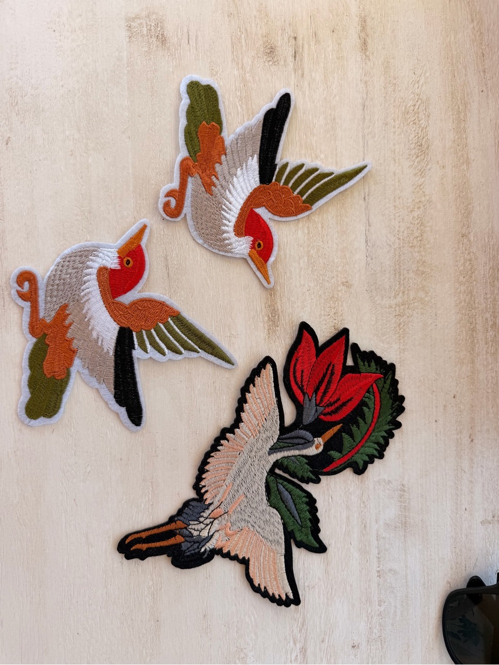 Embroidered Bird Patch Set - Red, Orange & Green Accent